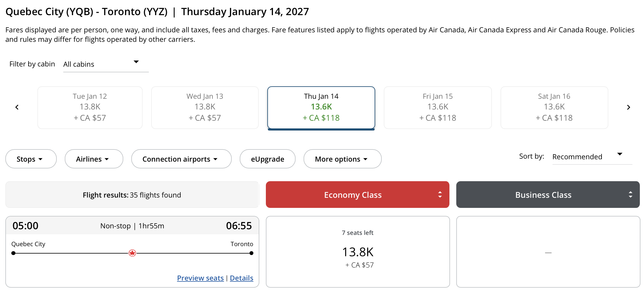 Toronto 🍁 to Qu&eacute;bec City, Qu&eacute;bec Aeroplan &ndash; Inbound availability
