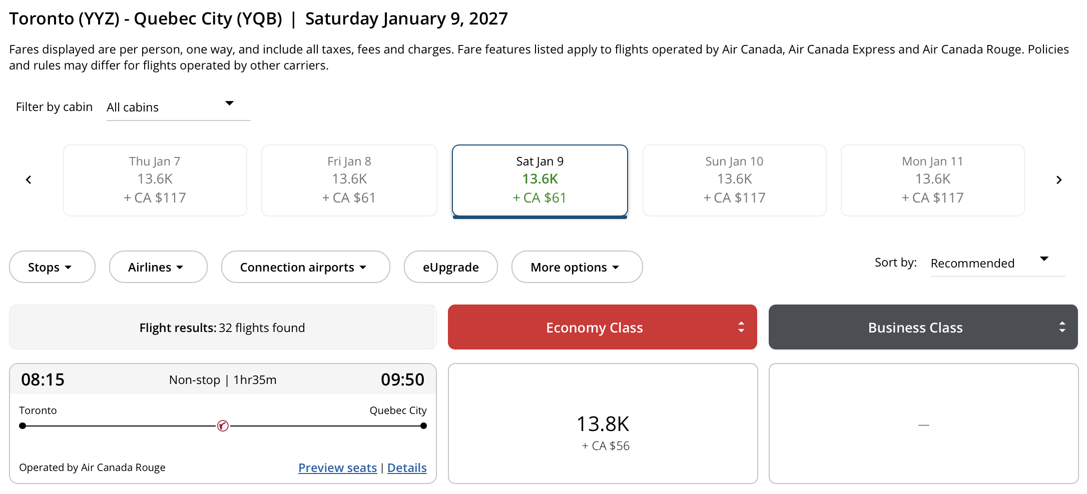 Toronto 🍁 to Qu&eacute;bec City, Qu&eacute;bec Aeroplan &ndash; Outbound availability