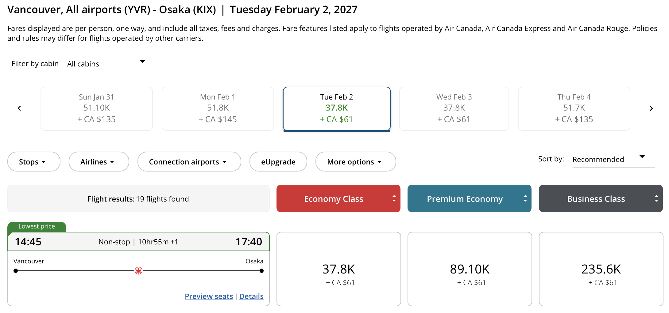 Vancouver 🍁 to Osaka, Japan Aeroplan &ndash; Outbound availability